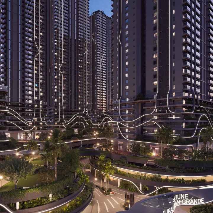 Fortune Suraj Bhan Grande podium gardens and tower bases lit at night Fortune Suraj Bhan Grande podium gardens and tower bases lit at night