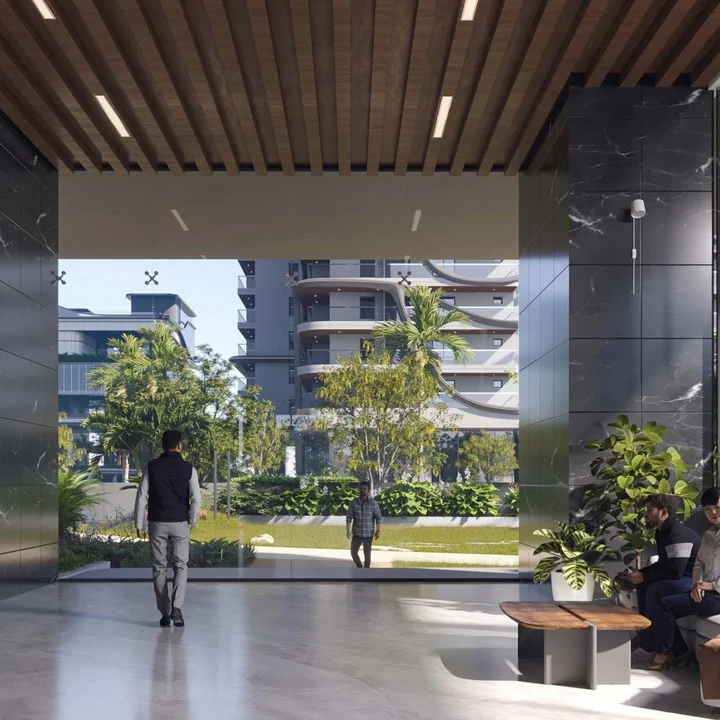 Fortune Suraj Bhan Grande double-height private tower lobby with a garden view Fortune Suraj Bhan Grande double-height private tower lobby with a garden view