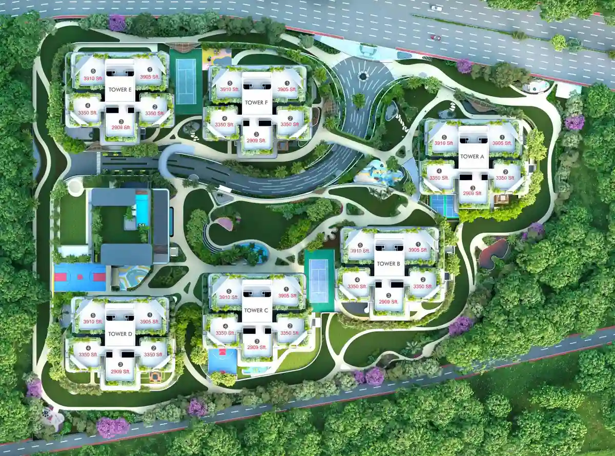 Fortune Suraj Bhan Grande master plan showing Towers A to F, Club Grande and the podium gardens Fortune Suraj Bhan Grande master plan showing Towers A to F, Club Grande and the podium gardens